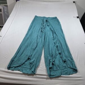 Kiwi & Punch Swim Cover Pants Teal Wide-Leg Ruffle Elastic Waist Tie Waist Lg.